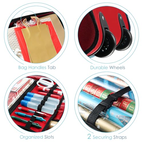 Extra Large Wrapping Paper Storage Container with Ribbon Dispenser and Wheels - Red, Fits 30 Rolls of 40"