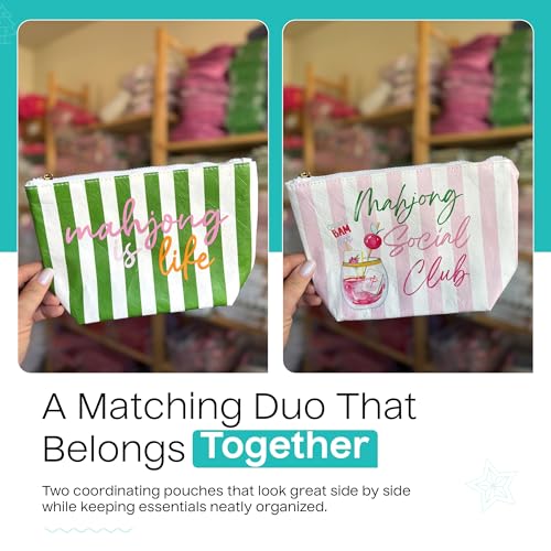 Aspen Lane Set of 2 Mahjong Tile Bags - Preppy Stripe Pink Cosmetic Pouch, 9"x7", Green Stripe Mahjong Gifts Mahjong Bag Mah Jongg Accessories,Mahjong Social Club Water Resistant