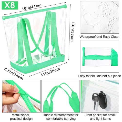 Reginary 8 Pcs Clear Tote Bags with Zipper, Shoulder Handbags for Travel & Events, Green PVC