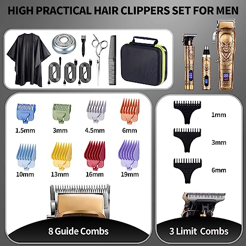 Roziapro Gold Cordless Hair Clippers Kit for Men with Nose/Beard Trimmer – Rechargeable, 5-Length Levers