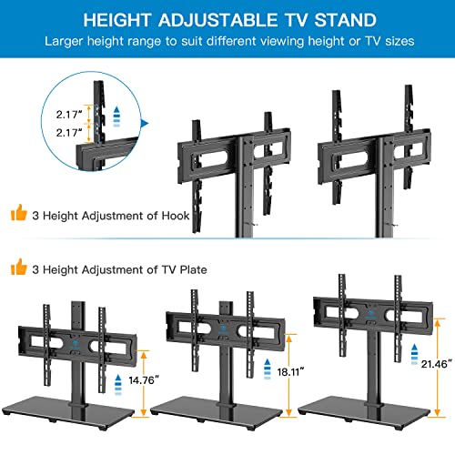 Universal Tabletop TV Stand for 32-82 Inch Screens - Compatible with VESA 100x100mm to 600x400mm with Tempered Glass Base - Adjustable Height