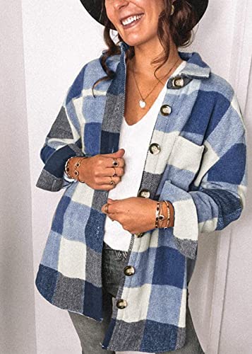 Women's X-Large Blue Brushed Plaid Flannel Shirt Jacket with Button Front