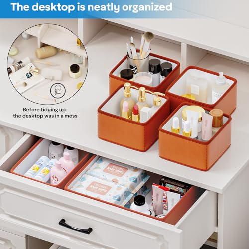 Vegan Leather Drawer Organizers Set - 8 Pack Makeup & Vanity Storage Boxes