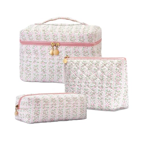 Pink Floral Quilted Makeup Bag Set - 3PCS Cosmetic Travel Organizer for Women & Girls - Variation of Pink Floral