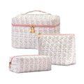 Pink Floral Quilted Makeup Bag Set - 3PCS Cosmetic Travel Organizer for Women & Girls - Variation of Pink Floral
