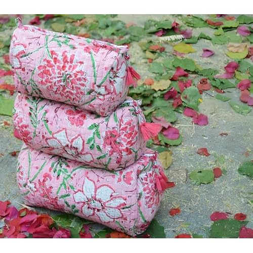 INDACORIFY 100% Cotton Block Print Cosmetic Toiletry Bags Boho Beauty Toiletry Kits Travel Case Pouch for Women's Printed Cotton Tote Bag (Pattern- 28)