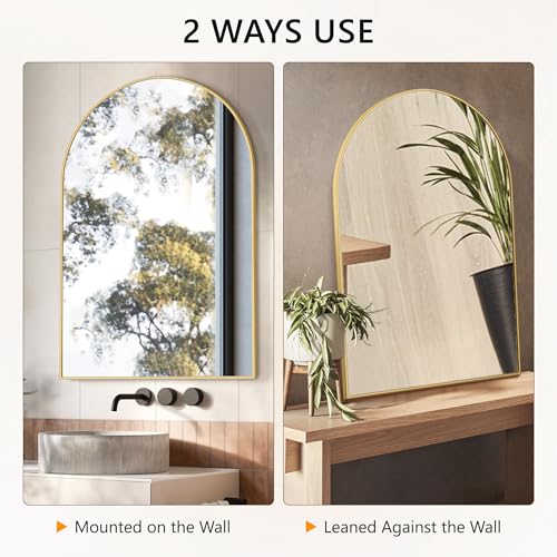 Gold Arched Wall Mirror 40x28 Inches Metal Frame Vanity Mirror for Bathroom & Decor - TRAHOME