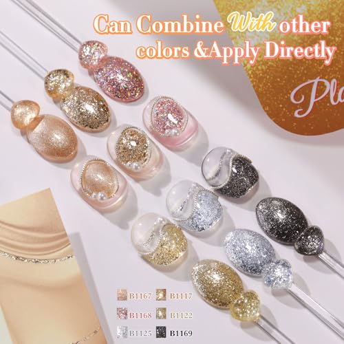 Double Rhythm 0.5 Oz Glitter Gel Polish Set of 6 Color with Display Borad 15 ml Full Size Kit Shimmer Reflective Sparkle Soak Off Manicure Salon DIY at Home (Rose Gold Silver Black Bright-T6-38)