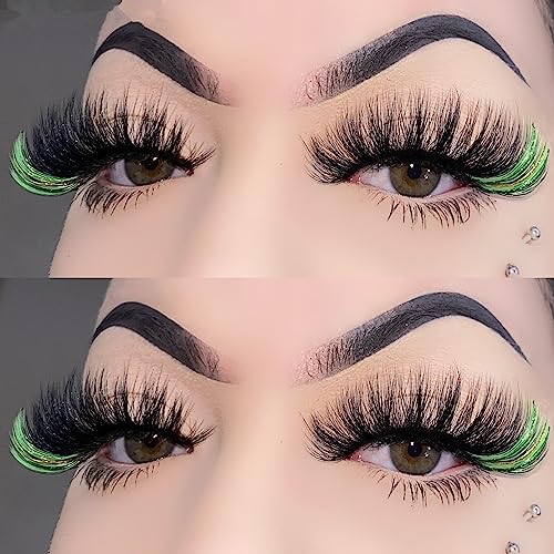 Black False Eyelashes with Green Glitter, 1 Pair Eye Lash Strip Color on the End Highlight, Fairy Black and Green Faux Mink Eyelash for Rave Party