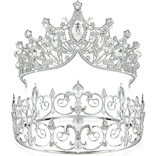 Junkin 2 Pcs Prom King and Queen Crowns for Men Women Baroque Queen King Prince Tiara Princess Crystal Headband for Halloween Wedding Birthday Grad Rhinestone Prom Party(Silver)
