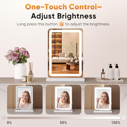 NEWBULIG 18.5"x13" LED Lighted Vanity Mirror, Smart Tabletop Makeup Mirrors with Lights for Desk, Touch Control Dimmable Brightness, 3 Color Lighting Modes