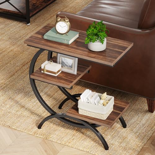 C-Shaped End Table - 3-Tier Rustic Brown Side Table for Living Room & Small Spaces - Set of 2 - Rustic Brown