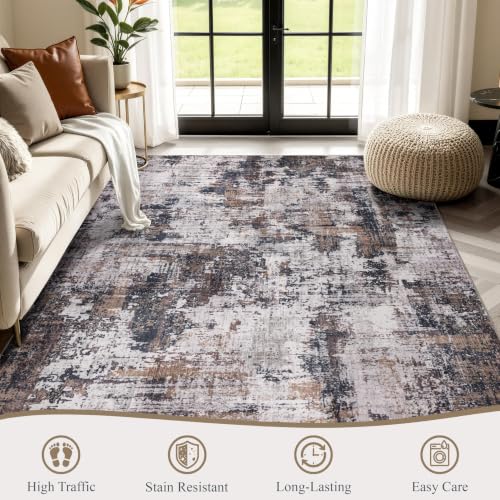 8x10 Modern Abstract Washable Area Rug - Black & Brown, Non-Slip, Soft Faux Cashmere
