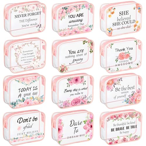 Kacctyen 12 Pcs Clear Makeup Bags Flower Bulk Inspirational Quotes Waterproof Portable with Toiletry Zipper Pink Clear PVC Travel Pouch Encouragement Quotes Bags Appreciation Gift for Mother Nurse