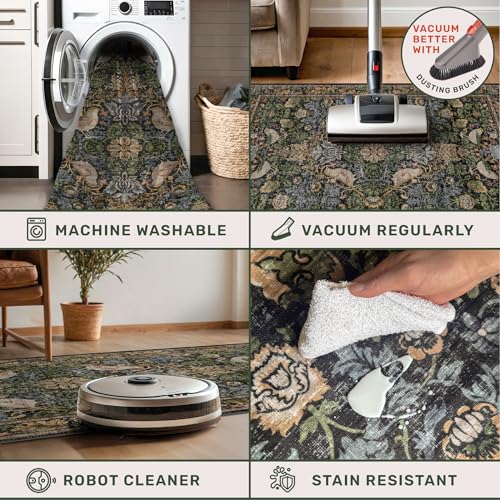 Dark Green 5x7 Vintage Floral Area Rug with Bird Motifs, Non-Slip, Low Pile