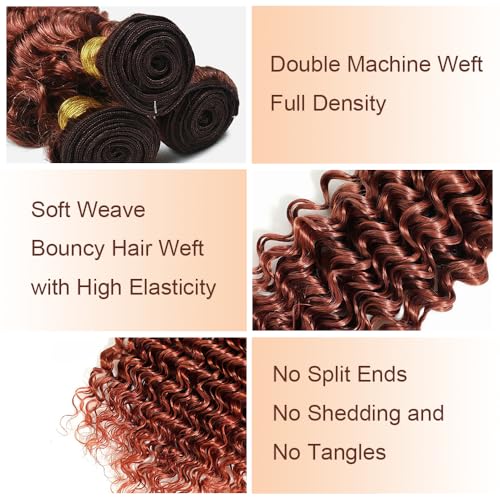Reddish D Copper Reddish Brown Deep Wave Hair Bundles - 18 20 22 Inch Virgin Brazilian Remy Extensions - Unprocessed Hair for Black Women