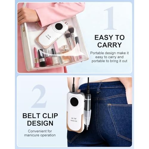 Professional Electric Nail Drill Kit 35000RPM with 14PCS Bits White Portable Rechargeable Cordless File Machine for Acrylic Gel Powder Nails and Manicure Pedicure Toenail Tool Salon Set