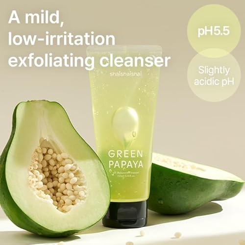 shaishaishai GREEN PAPAYA pH 5.5 Balanced Cleanser, Mildly Acidic Exfoliating Papain Enzyme For Sun Exposed & Alkalized Skin, Regulates Oil Moisture Balance, Korean Skin Care, 5.07 oz