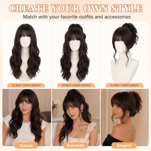 Long Wavy Wig with Bangs for Women Dark Brown, Natural Look, Adjustable Fit