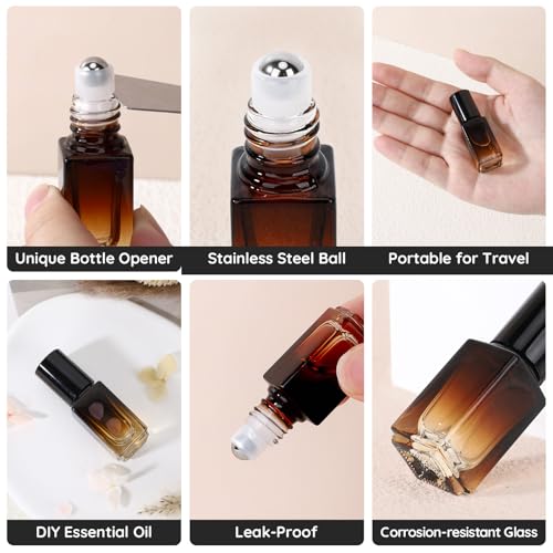20pcs Travel Refillable Amber Glass Roller Bottles for Essential Oils - 3ml