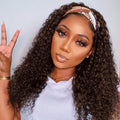 Chocolate Brown Human Hair Headband Wig 10 Inch Deep Wave Curly Wigs for Women - Unprocessed Brazilian Hair, Easy to Wear, Adjustable Fit
