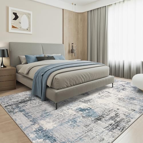 Grey Blue Washable 9x12 Area Rug for Living Room - Modern Abstract Home Decor