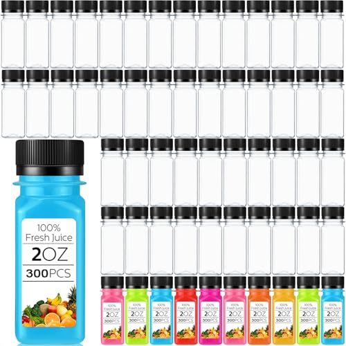 300 Pack 2oz Clear Plastic Juice Bottles with Lids - Reusable & Leakproof