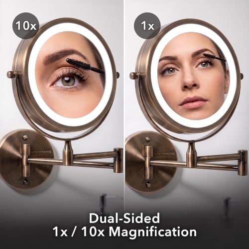 Wall Mounted Lighted Makeup Mirror - 7 Inch, 8.5 x 6.8 Inches, 7X Magnification, Antique Bronze