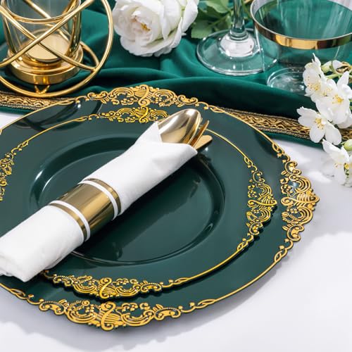 Green Plastic Dinnerware Set for 50 Guests - Gold Rim, 350 Pieces, Includes Plates Cups & Utensils