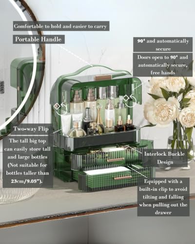 Large Transparent Makeup Organizer Box with Green Lid & Drawers - Dustproof Waterproof Storage