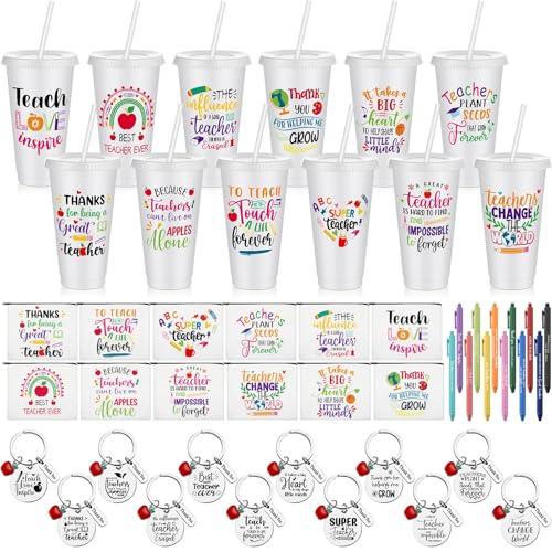 Pickmesh 24oz Teacher Gift Set - White Inspirational Straw Cup, Makeup Bag, Keychain, Ballpoint Pens