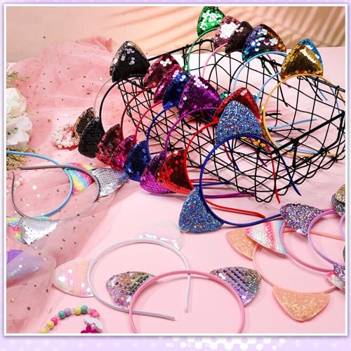 Sequined Glitter Kitty Headbands for Girls and Adults - 50 Pack in 25 Colors