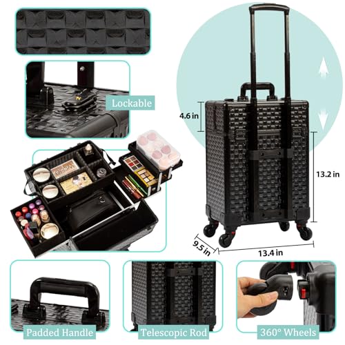 Arous Black Rolling Makeup Case on Wheels, Professional Cosmetology Storage