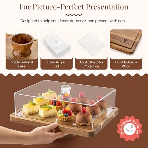 HOMESPHERE Rectangular Acacia Wood Cake Stand with Lid & Charcuterie Board - 17x13
