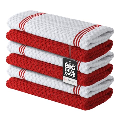 Infinitee Xclusives Premium Red Kitchen Towels ? Pack of 6, 100% Cotton 15 x 25 Inches Absorbent Dish Towels + Washcloths Set ? Pack of 12, 13x13 Inches 100% Cotton Wash Cloths