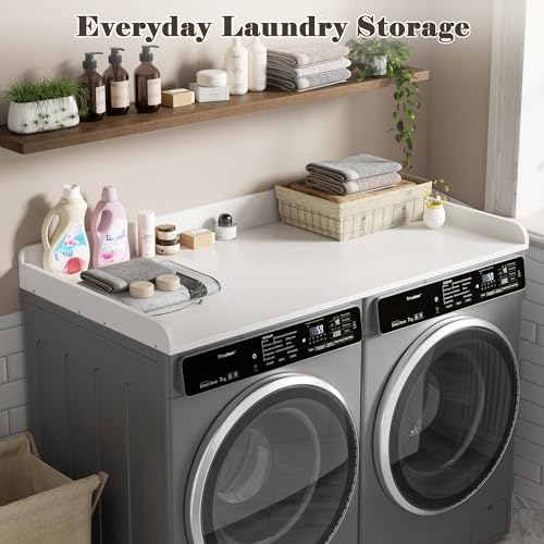 White Wooden Laundry Countertop for Washer & Dryer - 54" x 27.5", Edge Rails, Anti-Slip Strips, 1 Tier