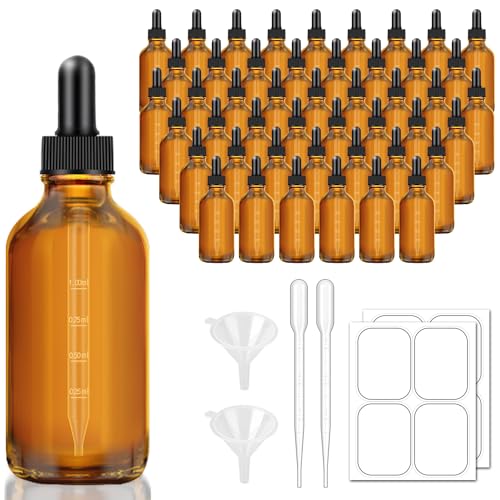 Bumobum 4 oz Dark Amber Dropper Bottles with Measured Dropper, 48 Pack Glass Eye Dropper Bottle for Essential Oils with Funnel, Labels & Pipette, Tincture Bottle (Unbreakable Plastic Eye Dropperz)