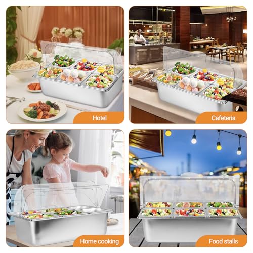 Stainless Steel Food Serving Display Tray with Clear Lid for Buffets & Catering - 6 Pan Set
