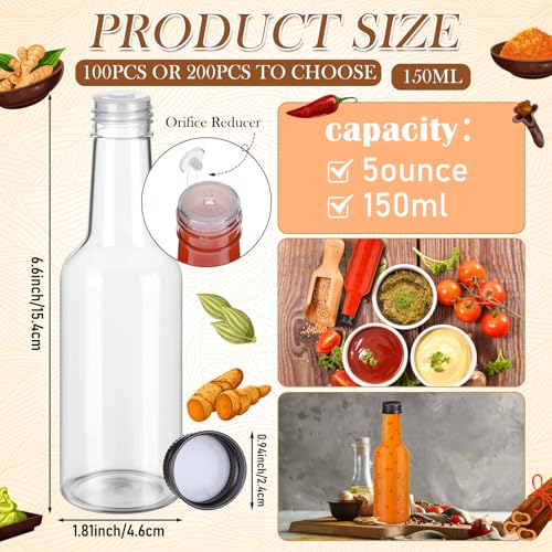 200 Pack 5 oz Clear Plastic Hot Sauce Bottles with Leak-Proof Black Caps