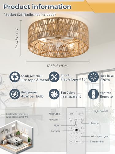Gold Boho Ceiling Fan with Lights & Remote Control - Flush Mount, 7 Blades