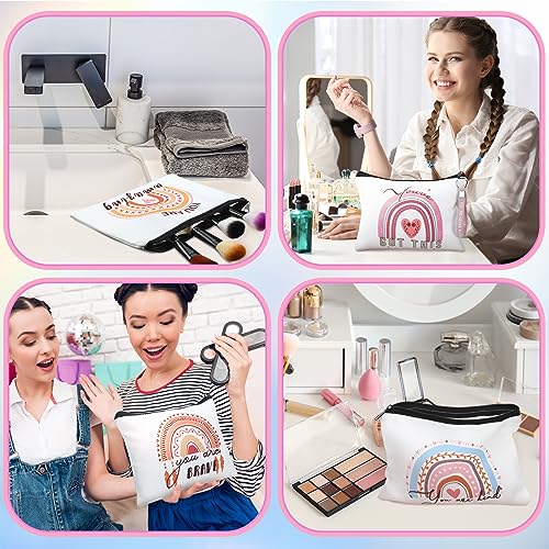 Hillban 64 Pcs Rainbow Canvas Makeup Bag Bulk Boho Women Gifts 32 Rainbow Travel Toiletry Makeup Pouch with 32 Inspirational Keychains for Coworker Employee Party Favor