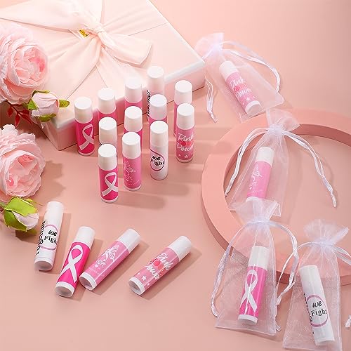 Fumete 50 Sets Breast Cancer Awareness Lip Balm Pink Ribbon Gift Bulk - Natural, Moisturizing, 4 Flavors, Includes Inspirational Quotes