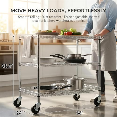 Finnhomy Chrome 3-Tier Heavy Duty Utility Cart 36"L x 24"W x 35.4"H, NSF
