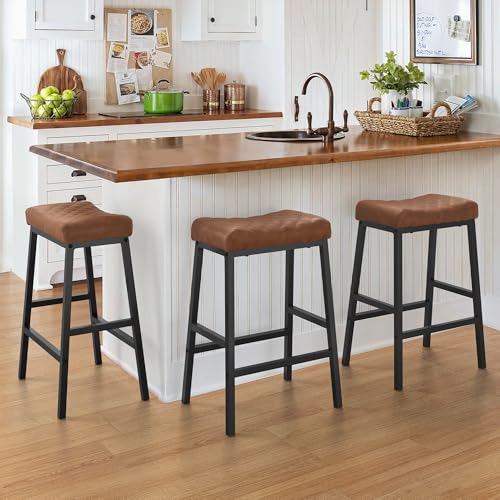 Counter Height Bar Stools Set of 3 Brown Saddle Seat Modern Dining Chairs