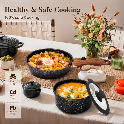 Black Removable Handle Induction Pots and Pans Set - 10 Piece Non-Stick Cookware for RV & Camping