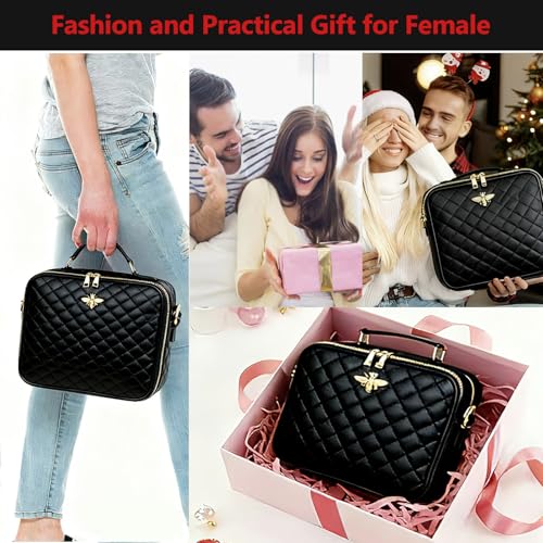 Travel Makeup Bag with Light Up Mirror Black Grid - Waterproof Portable Cosmetic Organizer