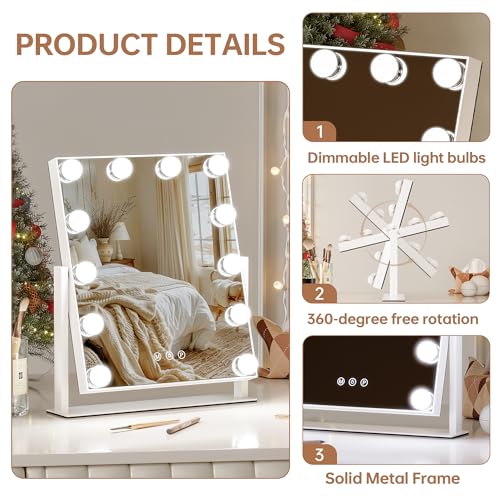 Vanity Mirror with Lights, 12 Bulbs Makeup Mirror with Smart Touch Control, 3-Color Dimmable Lighting, 360¡Æ Rotation