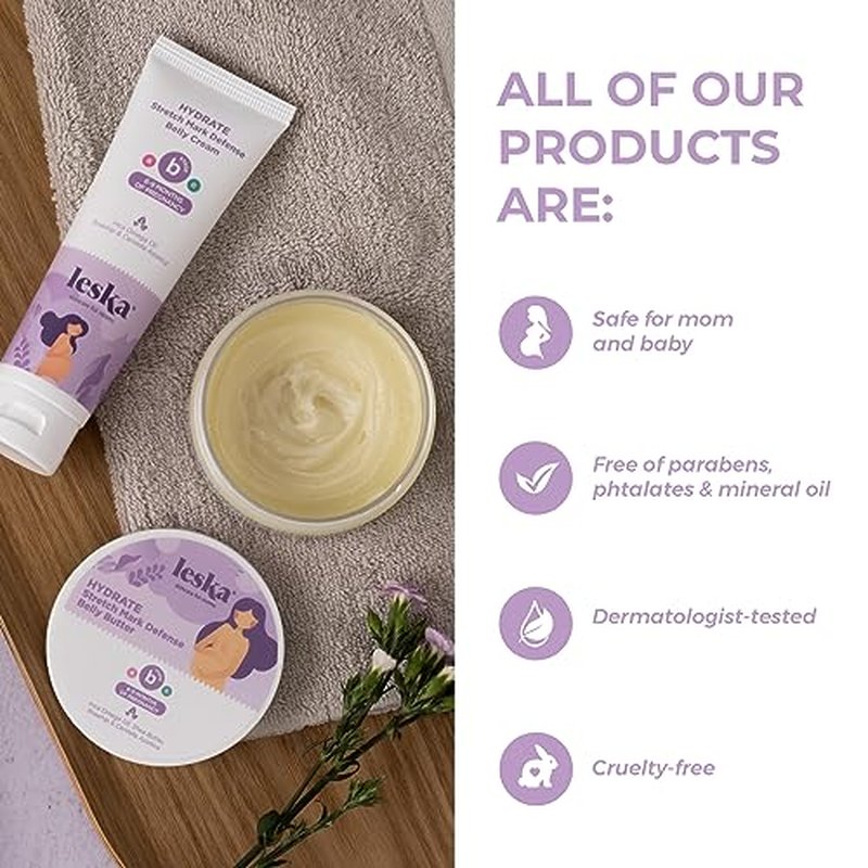 Leska Maternity Stretch Mark Cream | STAGE B: HYDRATE Stretch Mark Defense Belly Cream (Pregnancy Months 6-9) | Part of a Complete 3-Stage Pregnancy Skincare System | New Mom Gifts (4oz)