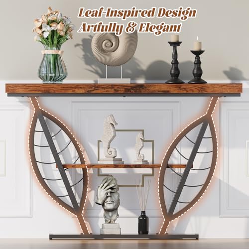 HavenlyYouth Rustic Brown Leaf Design Console Table - 39.5" Narrow Entryway Storage
