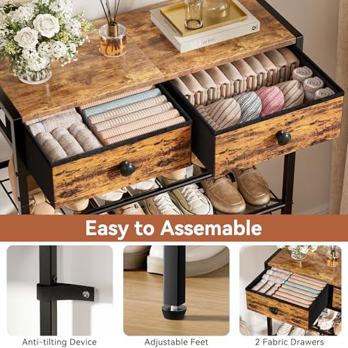 Rustic Brown 5-Tier Shoe Rack with 2 Drawers - Fits 16-20 Pairs, Adjustable Shelves